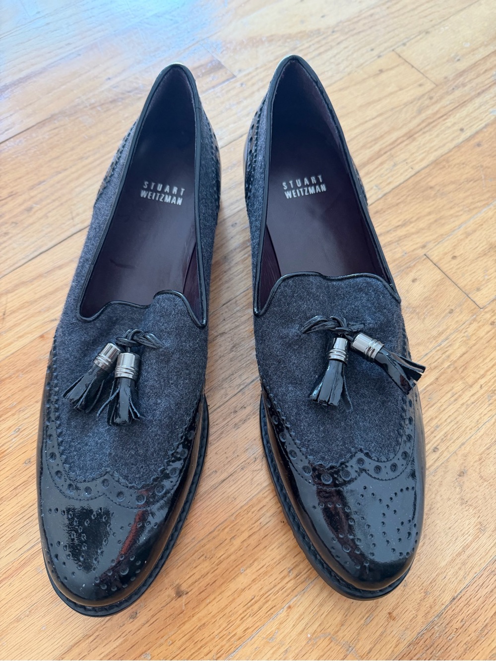 Stuart Weitzman Men's Charcoal Tassel Loafers with Patent Toe